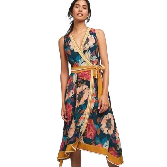 Anthropologie Maeve Botanica Midi Dress Womens 4 Black Floral Sleeveless V-Neck - Picture 1 of 11